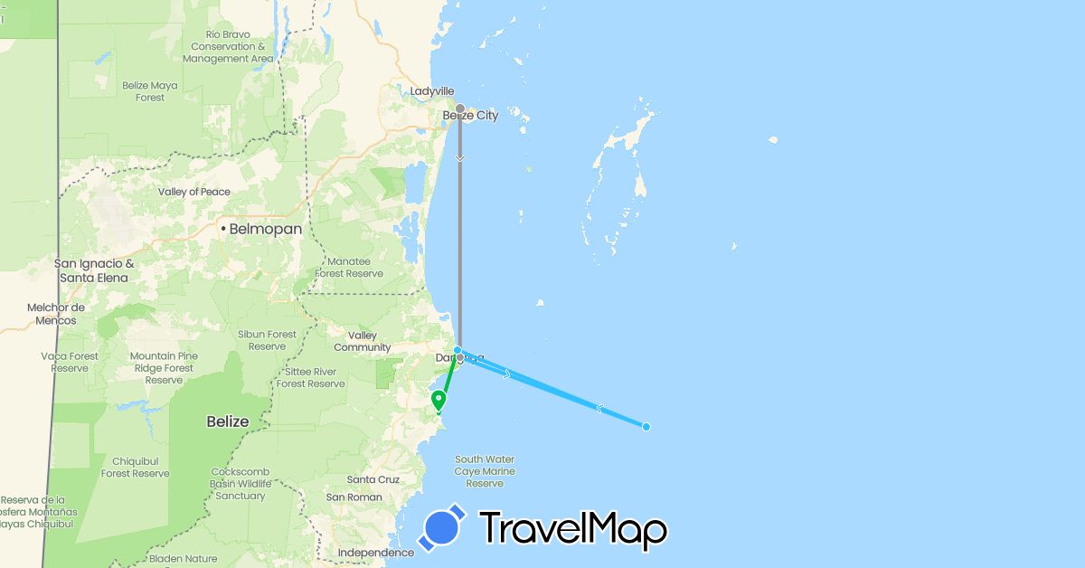 TravelMap itinerary: driving, bus, plane, boat in Belize (North America)